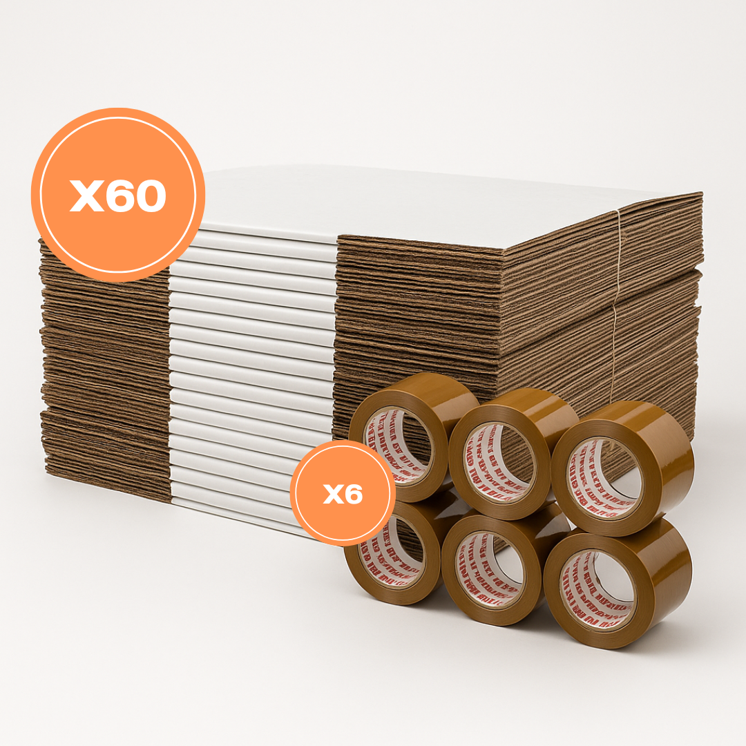 Promo 60 scatole 39x39x25 bianca doppia onda ad alta grammatura + 6 rotoli PVC 50x66m avana