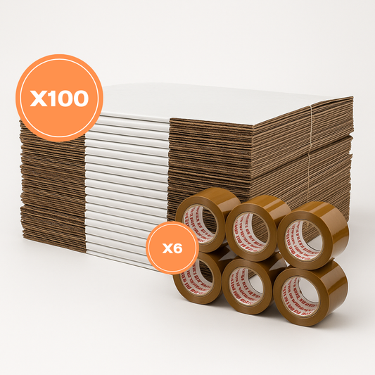 Promo 100 scatole 32x32x21 bianca doppia onda ad alta grammatura + 6 rotoli PVC 50x66m avana