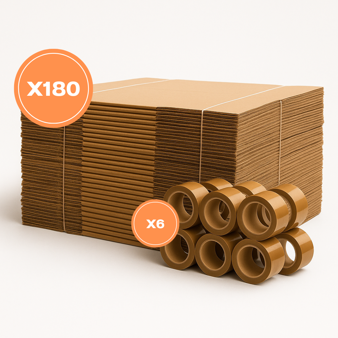 Promo 180 scatole 40x30x30 doppia onda standard avana + 12 rotoli PVC avana 50x66m